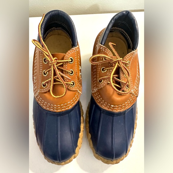 Vintage LL BEAN Bean Boots Gumshoes Duck Navy Blue Tan Leather Rubber Waterproof - Picture 11 of 16